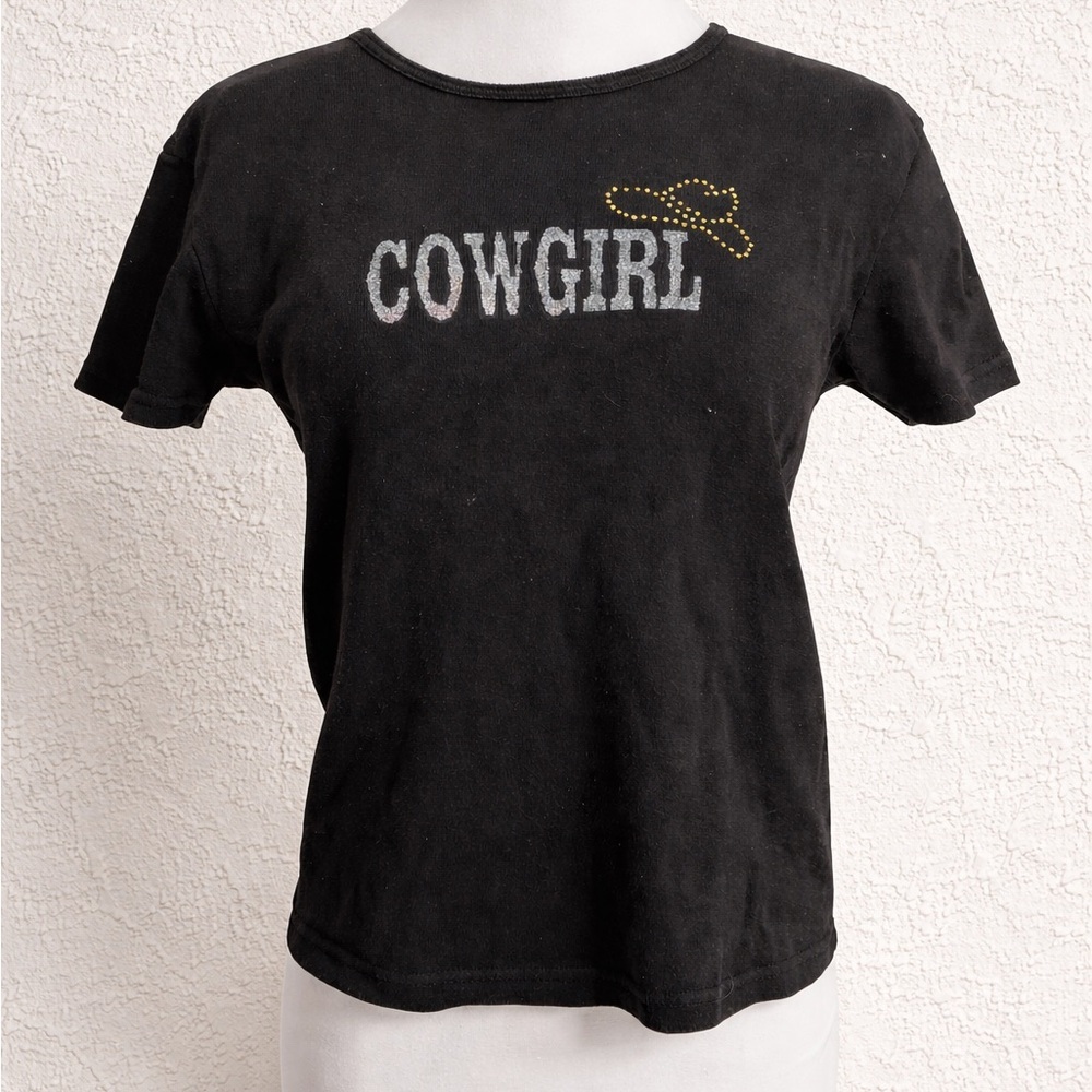 Y2K Cowgirl Graphic Baby Tee • Black Western Top • Early 2000s Aesthetic M